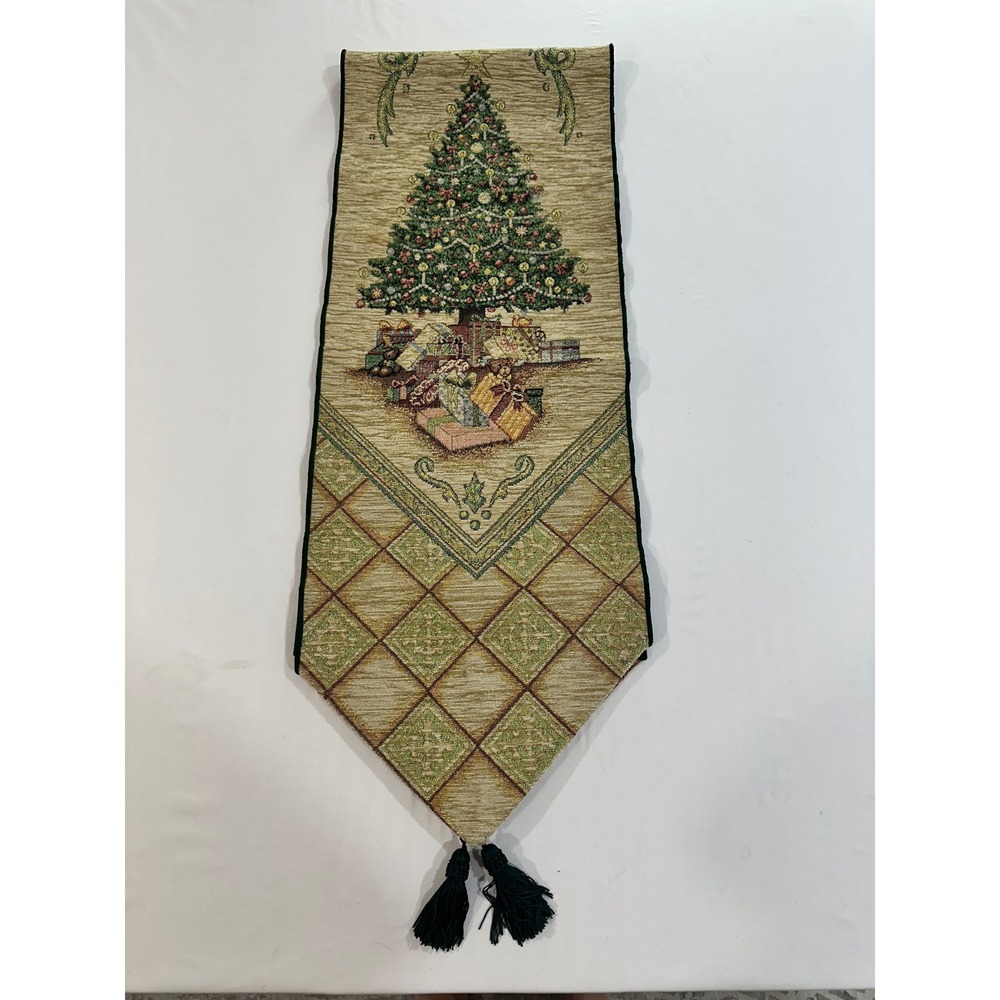 Vintage Christmas Tree Tapestry Table Runner Tassels Green Gold 70 x 12 Holiday